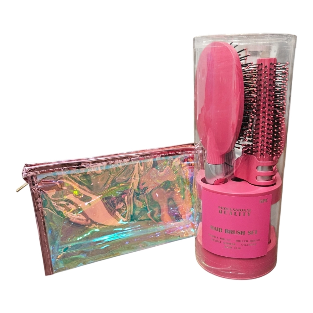 NEW 5-Piece Pink Hair Brush Set with Holographic Pouch
